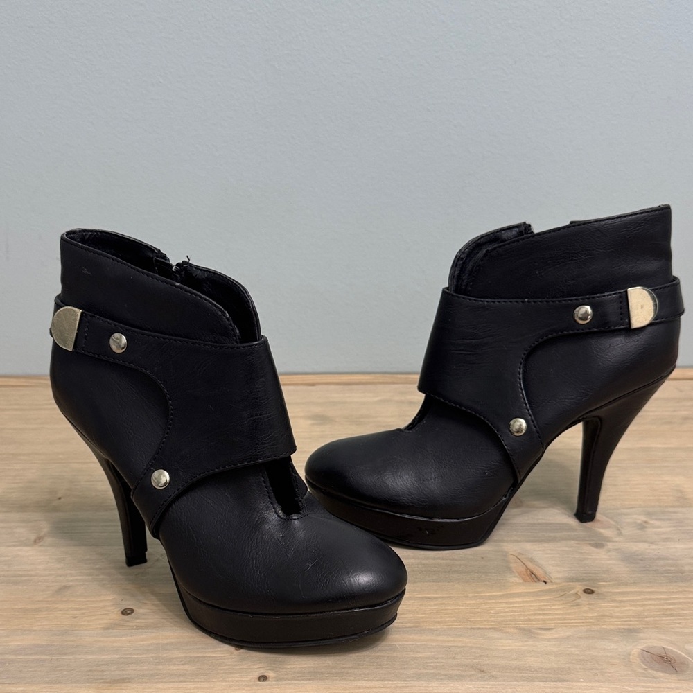 Black Heeled Ankle Boots with Strap Accents